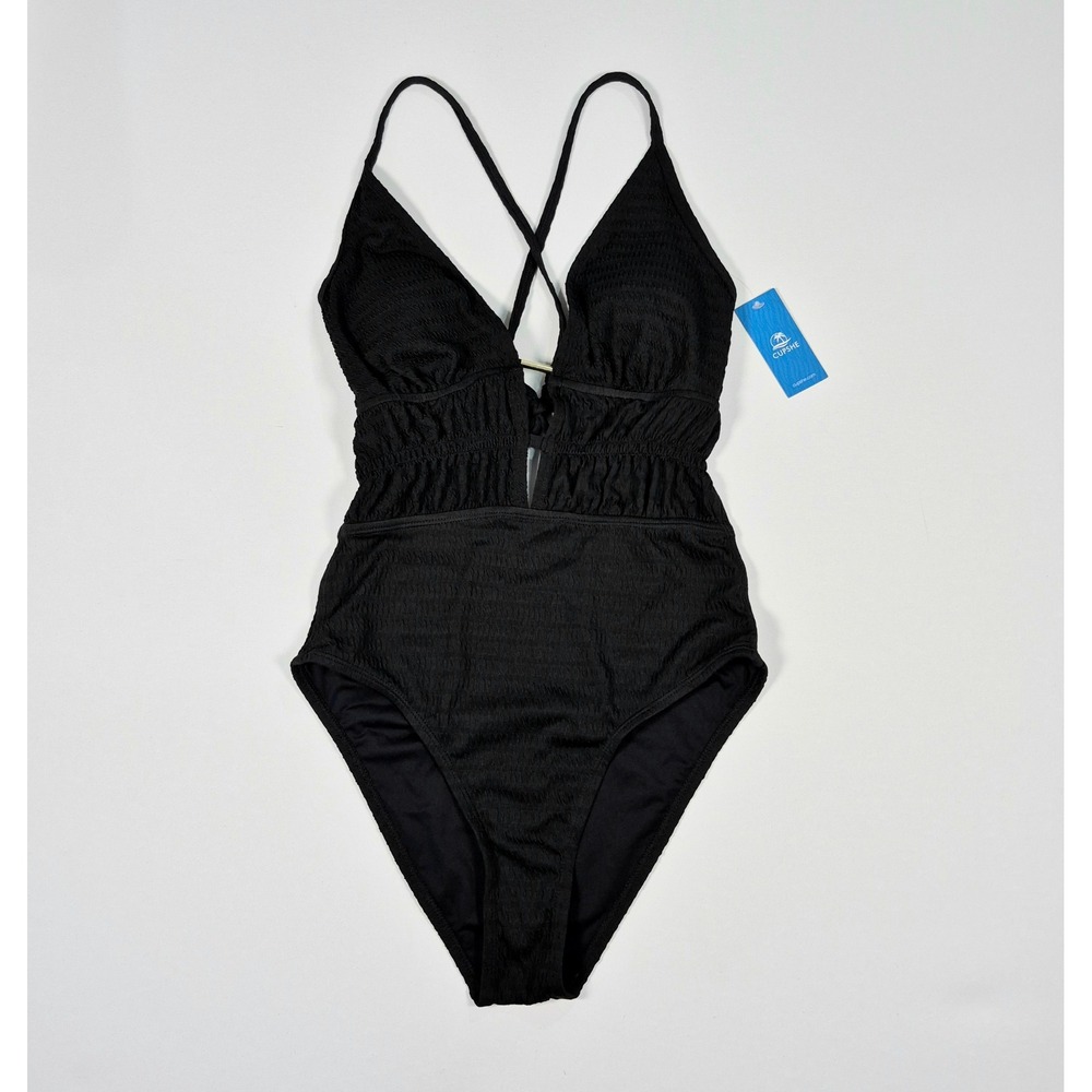 CUPSHE  Black Textured Smocked Cutout V-Neck One-Piece Swimsuit NWT